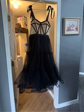 Black Tulle Midi Dress with Ivory Bodice